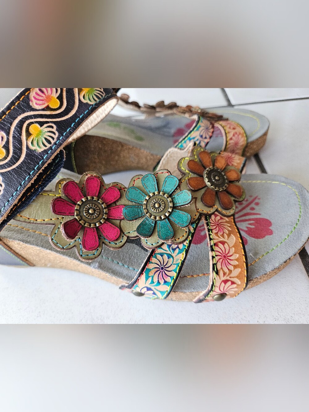 L’Artiste Delight Slide Sandals Hand Painted Genuine Leather Navy Euro Size 38